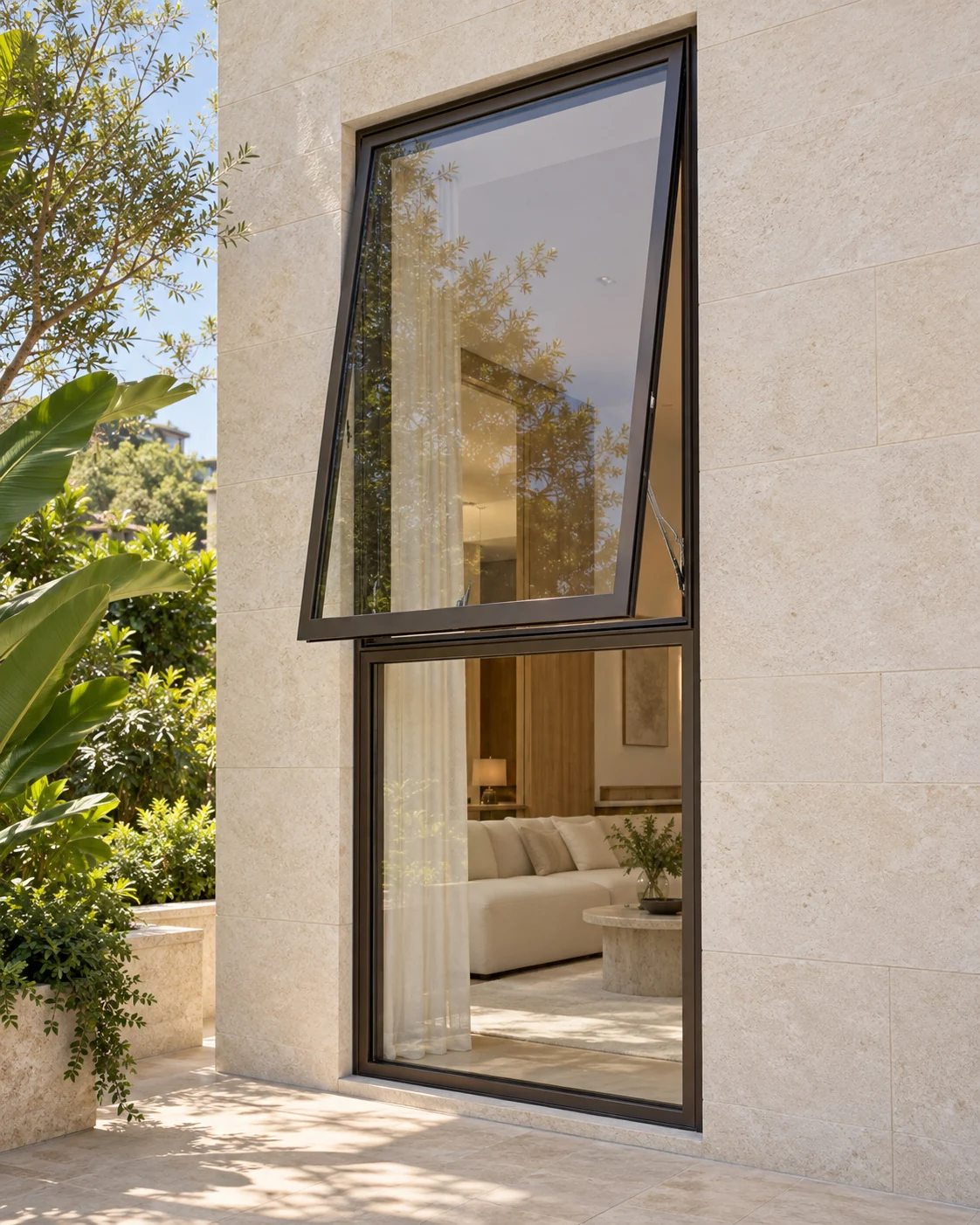Top-hung outward opening with fixed lower glazing.