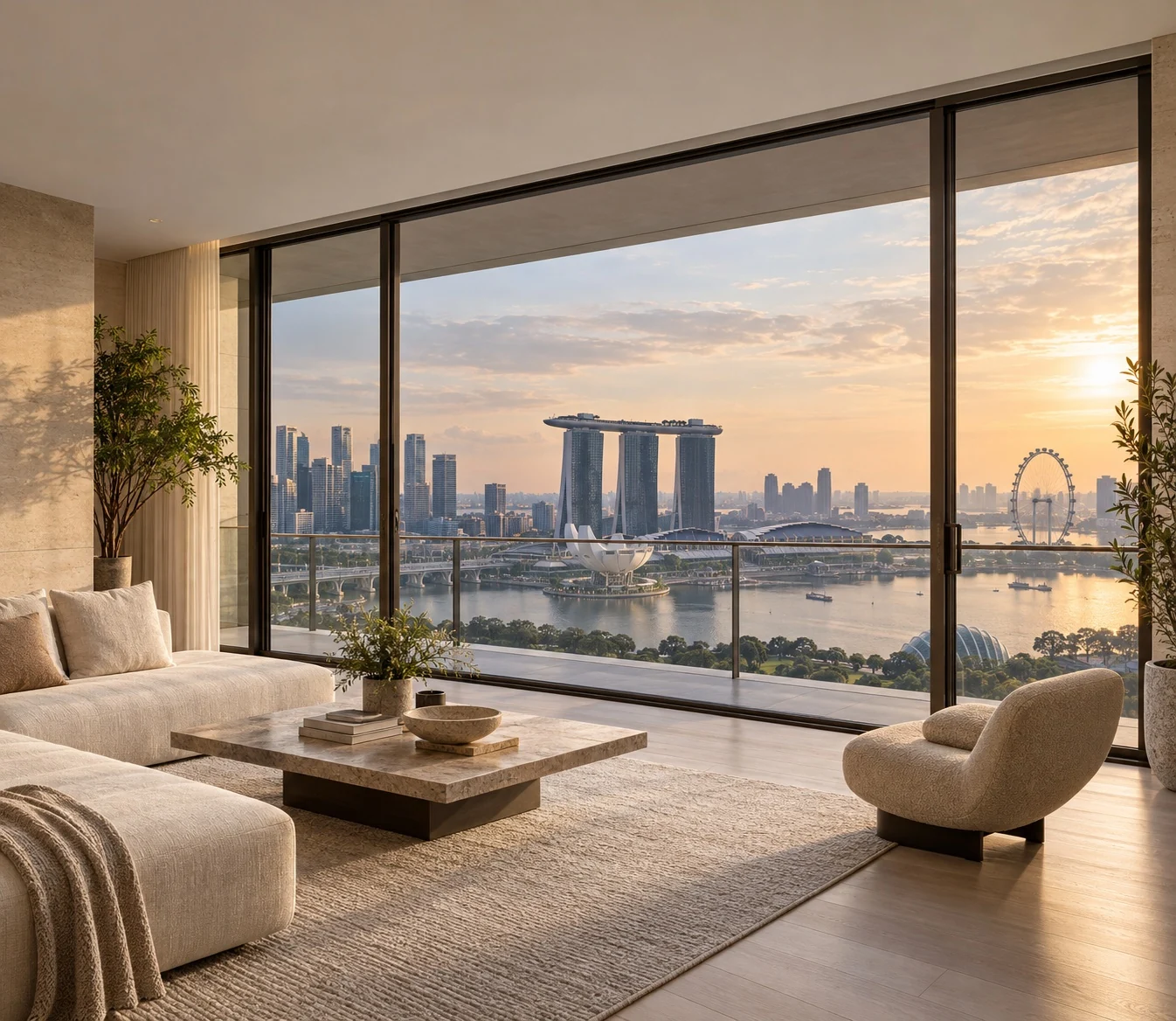 A Singapore skyline framed by full-height residential glazing
