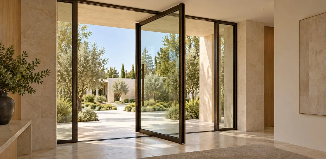Glass pivot entrance.
